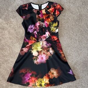 Ted Baker London Black Floral Fit-and-Flare Mini Dress with Multicolor Blooms